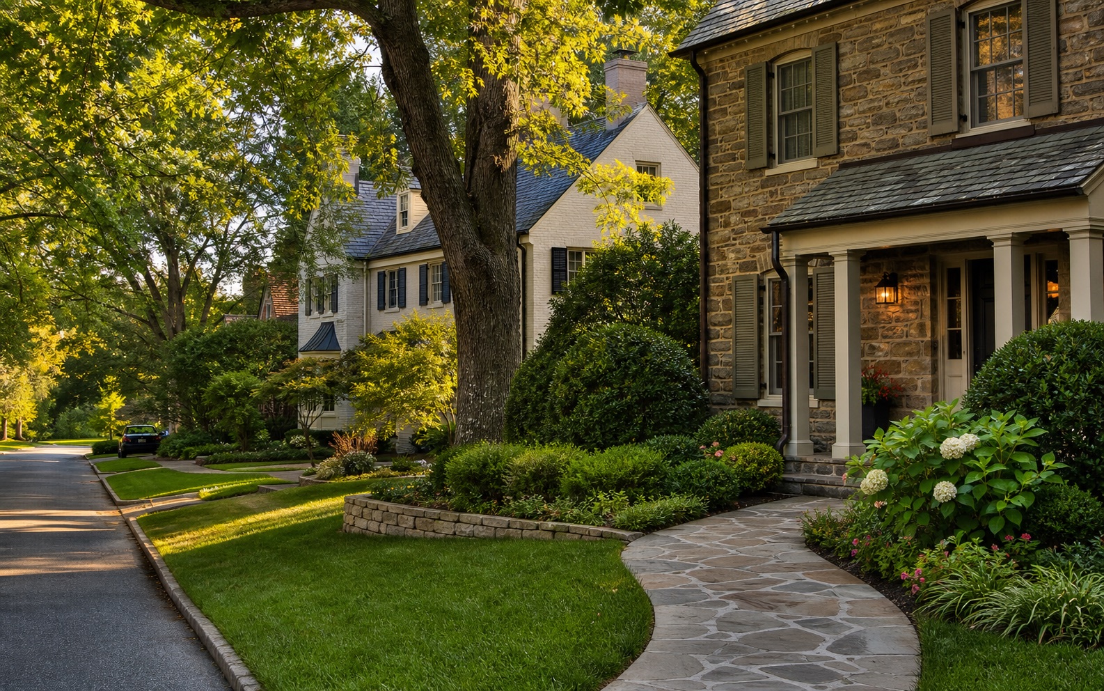 Tree-lined Potomac neighborhood with well-kept homes and mature landscaping.